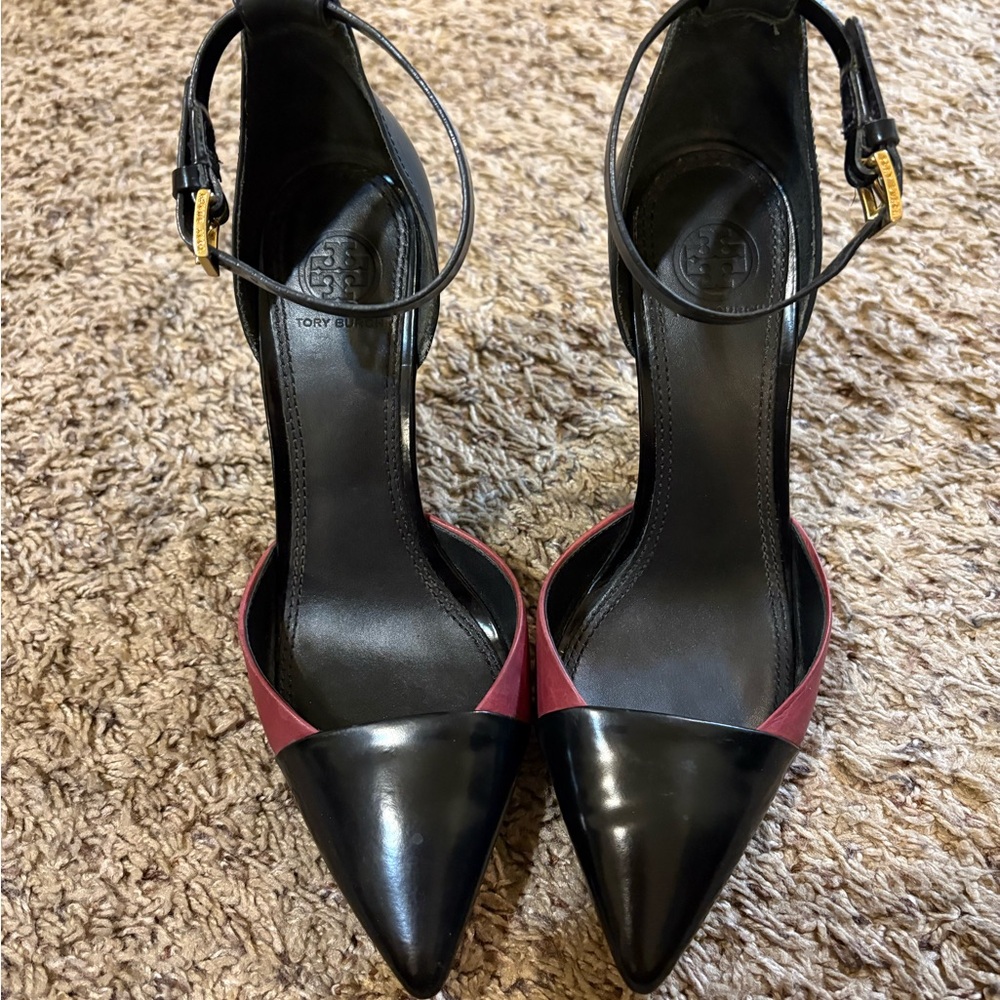 Tory Burch d'Orsay high-heeled pumps black & burgundy maroon wine leather 7.5